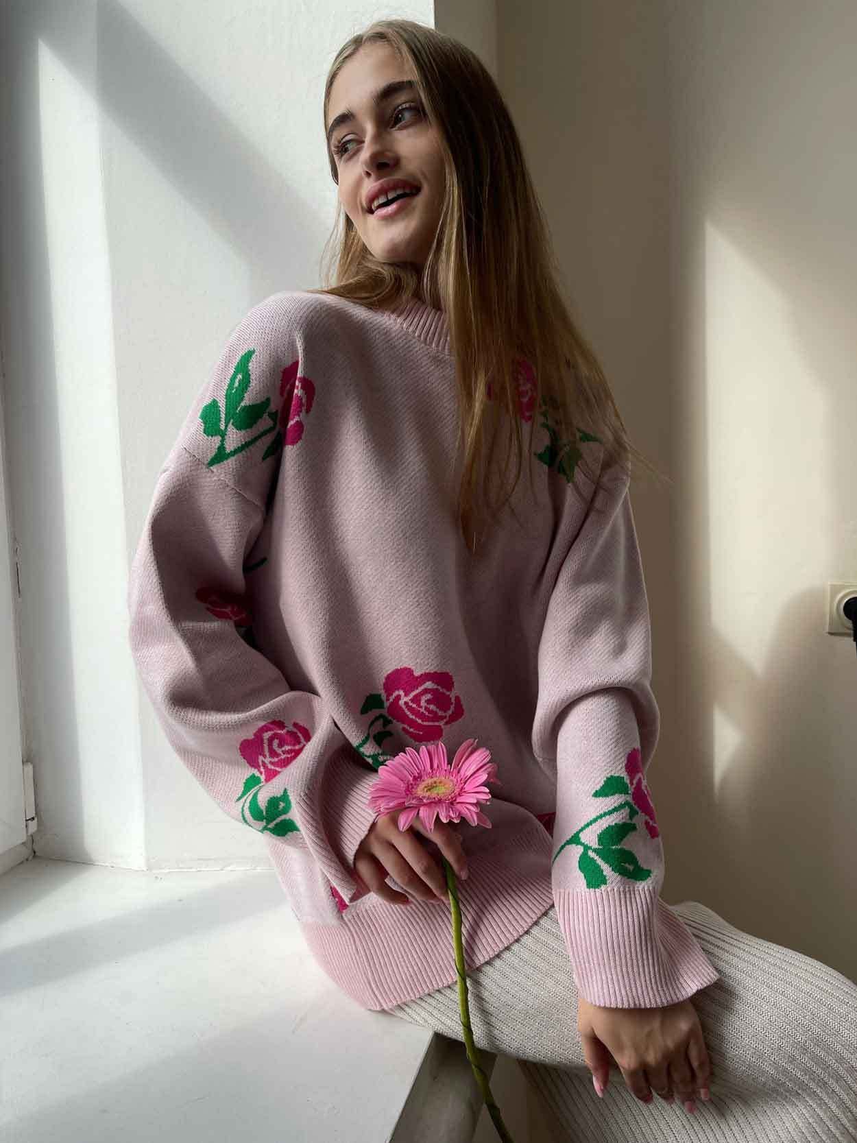 Fashion Rose Flowers Winter Knitted Women Sweaters-Sweater&Hoodies-Pink-S-Free Shipping Leatheretro