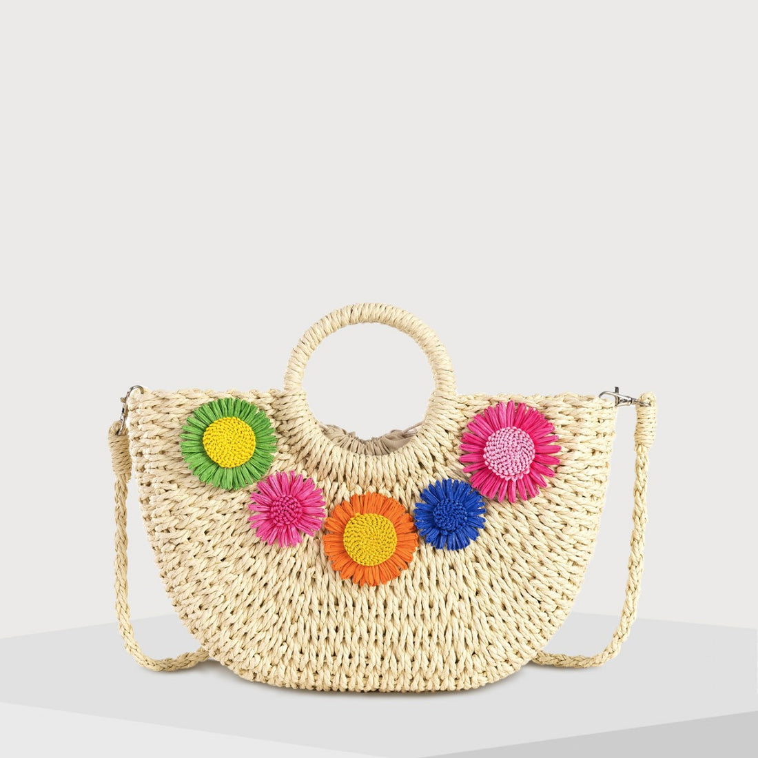 Boho Straw Woven Handbag – Women’s Natural Rattan Tote Bag-Apricot flowers-Free Shipping Leatheretro