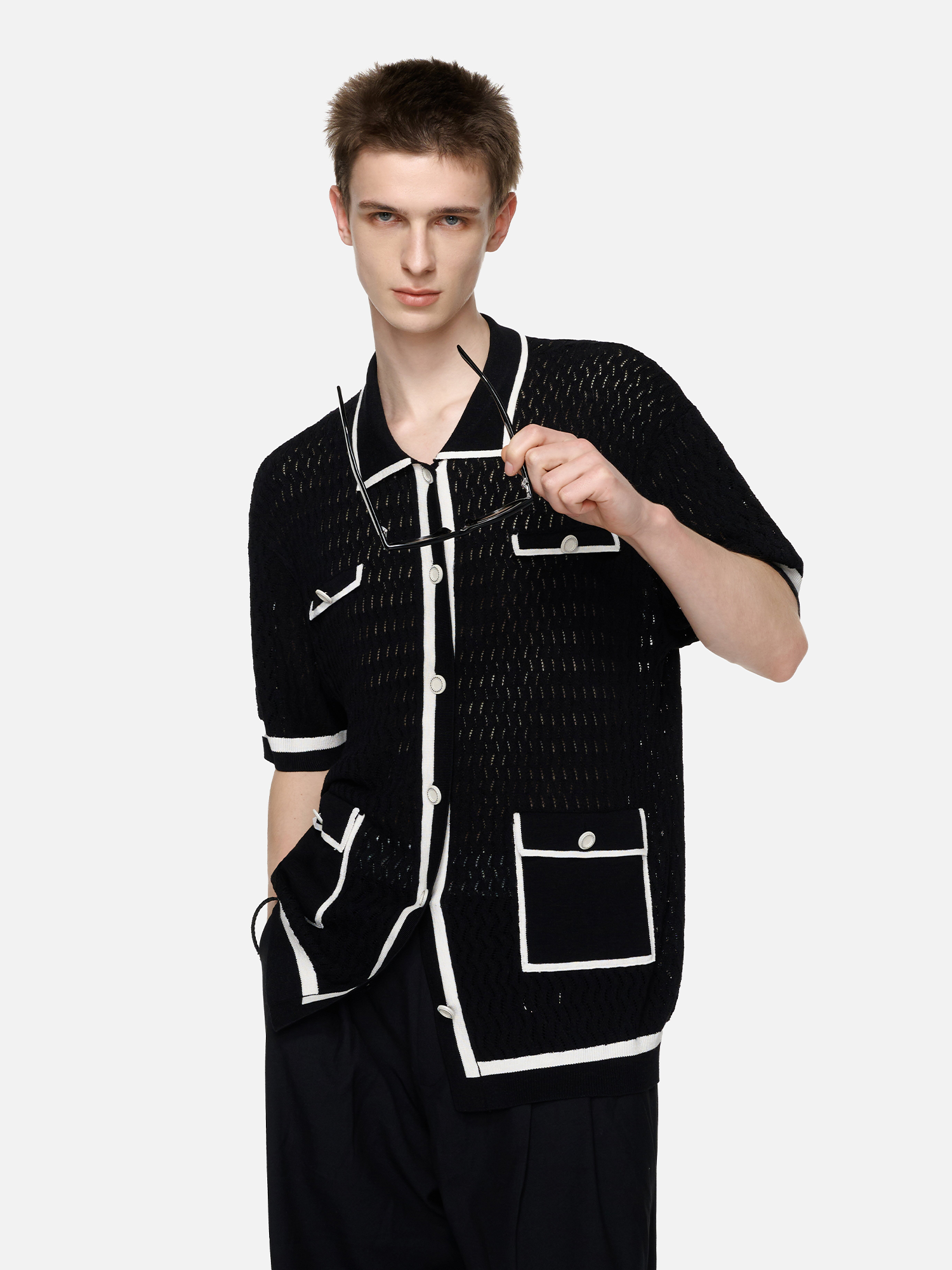 TIWILLTANG Contrast Trim Knitted Half Shirt-Half shirt-S-Black-Free Shipping Leatheretro