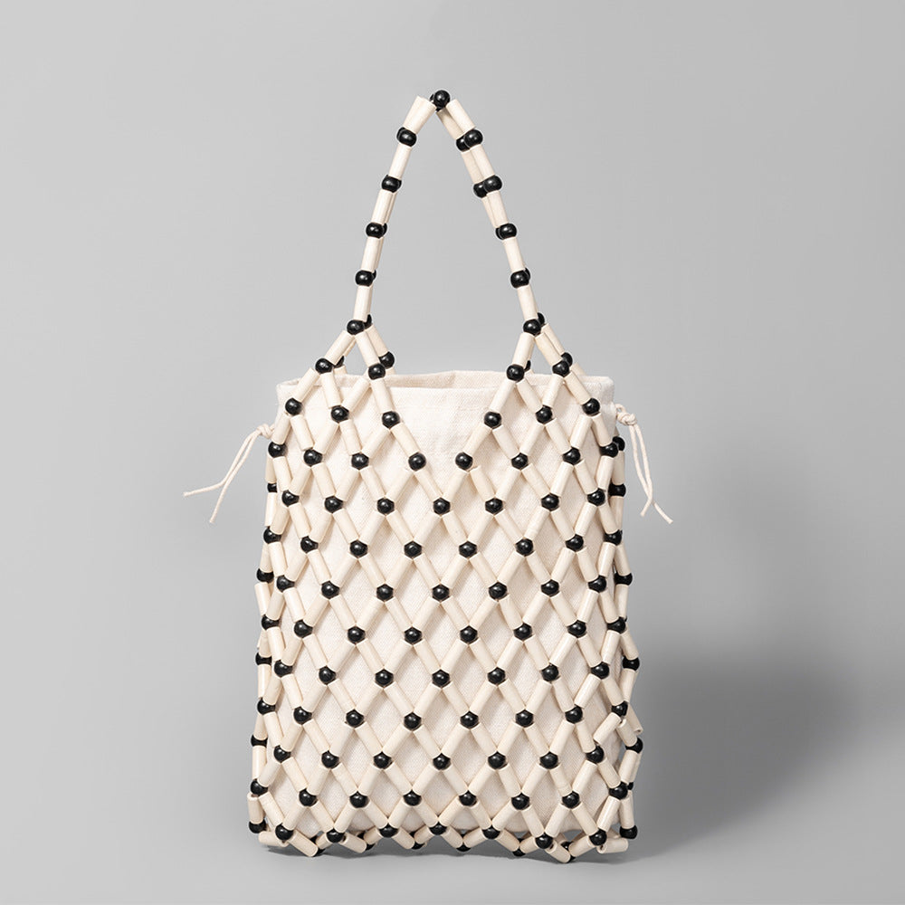 Handwoven Boho Macrame Bag – Elegant Hollow Wood Bead Handbag for Women-Ivory White + Black Beads-18*2.5*24CM-Free Shipping Leatheretro