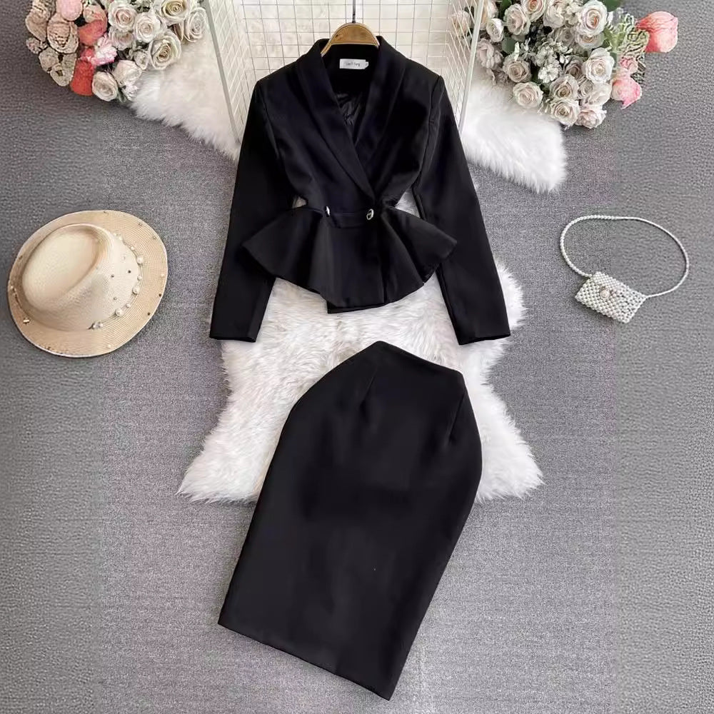 Fashion Long Sleeves Blazers and Sheath Skirts for Women-suits-Black-S-Free Shipping Leatheretro