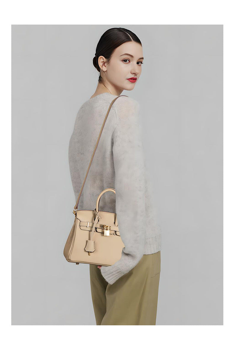 Luxury Genuine Top Grain Pebbled Leather Women's Handbag with Lock Closure-Handbags-elephant gray-35CM-Free Shipping Leatheretro