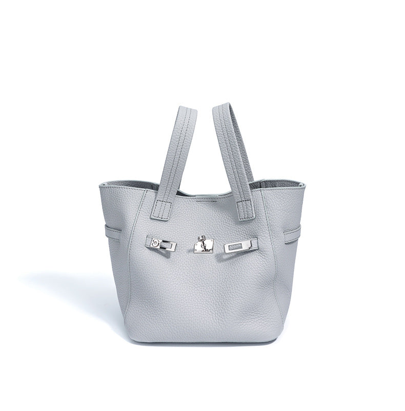Top-Grain Leather Handbag – Stylish Basket Shoulder Bag with Lock Closure-Milkshake powder-Free Shipping Leatheretro