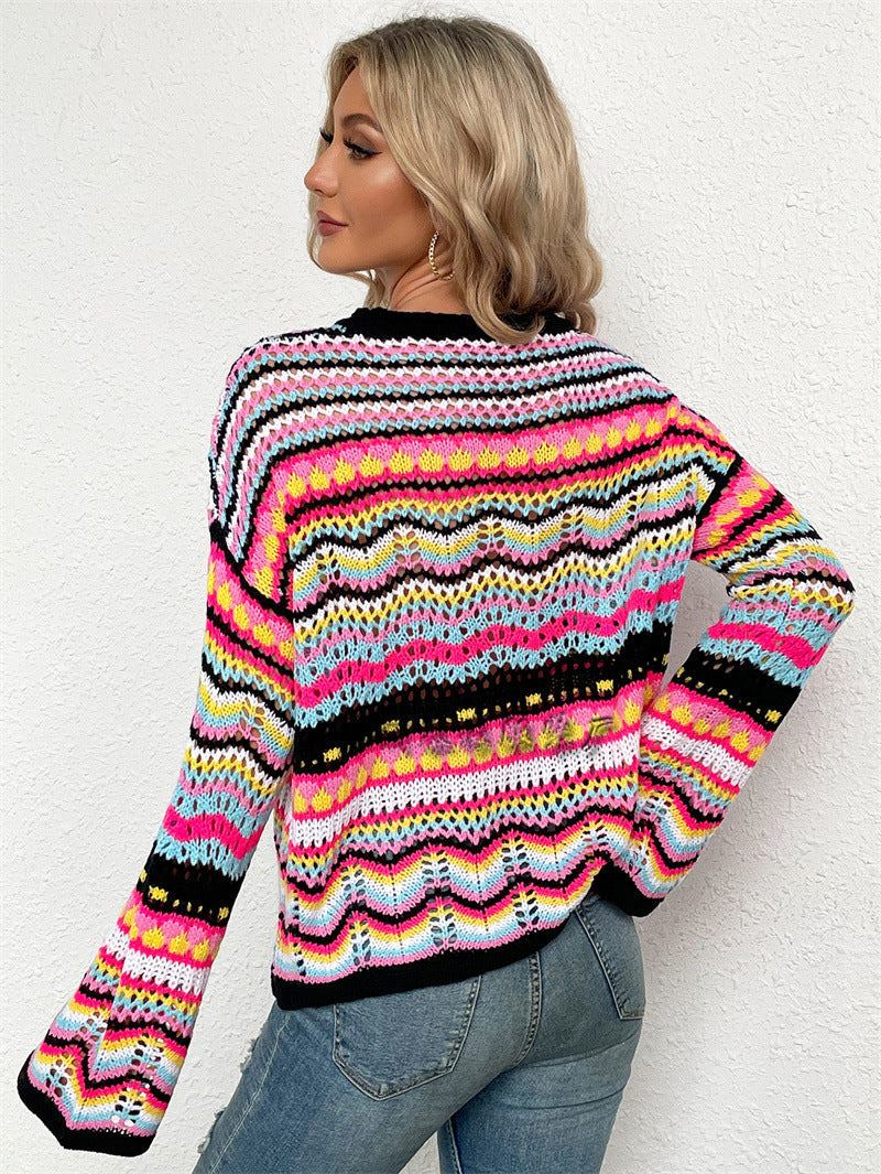 Casual Bohemian Striped Knitted Sweaters-Sweater&Hoodies-Green-S-Free Shipping Leatheretro