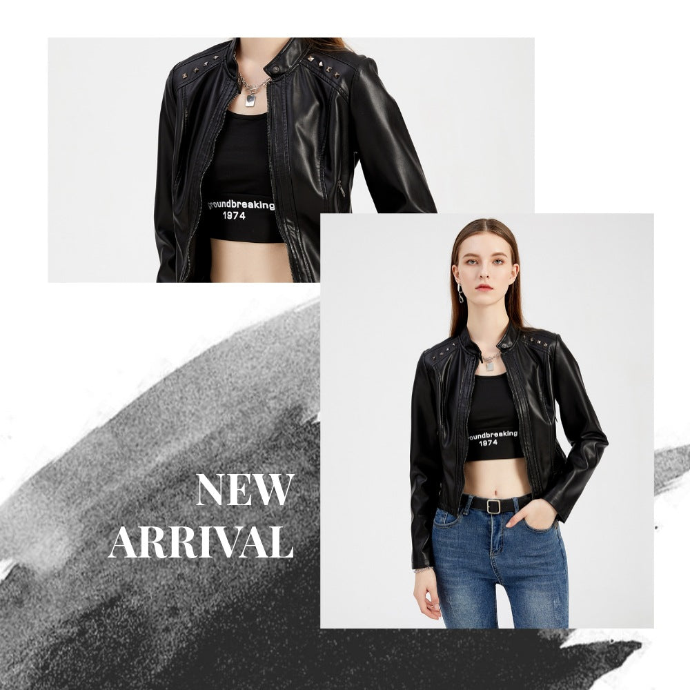 Women's Rivet Punk Biker Jacket-black-EU(XS)-Free Shipping Leatheretro