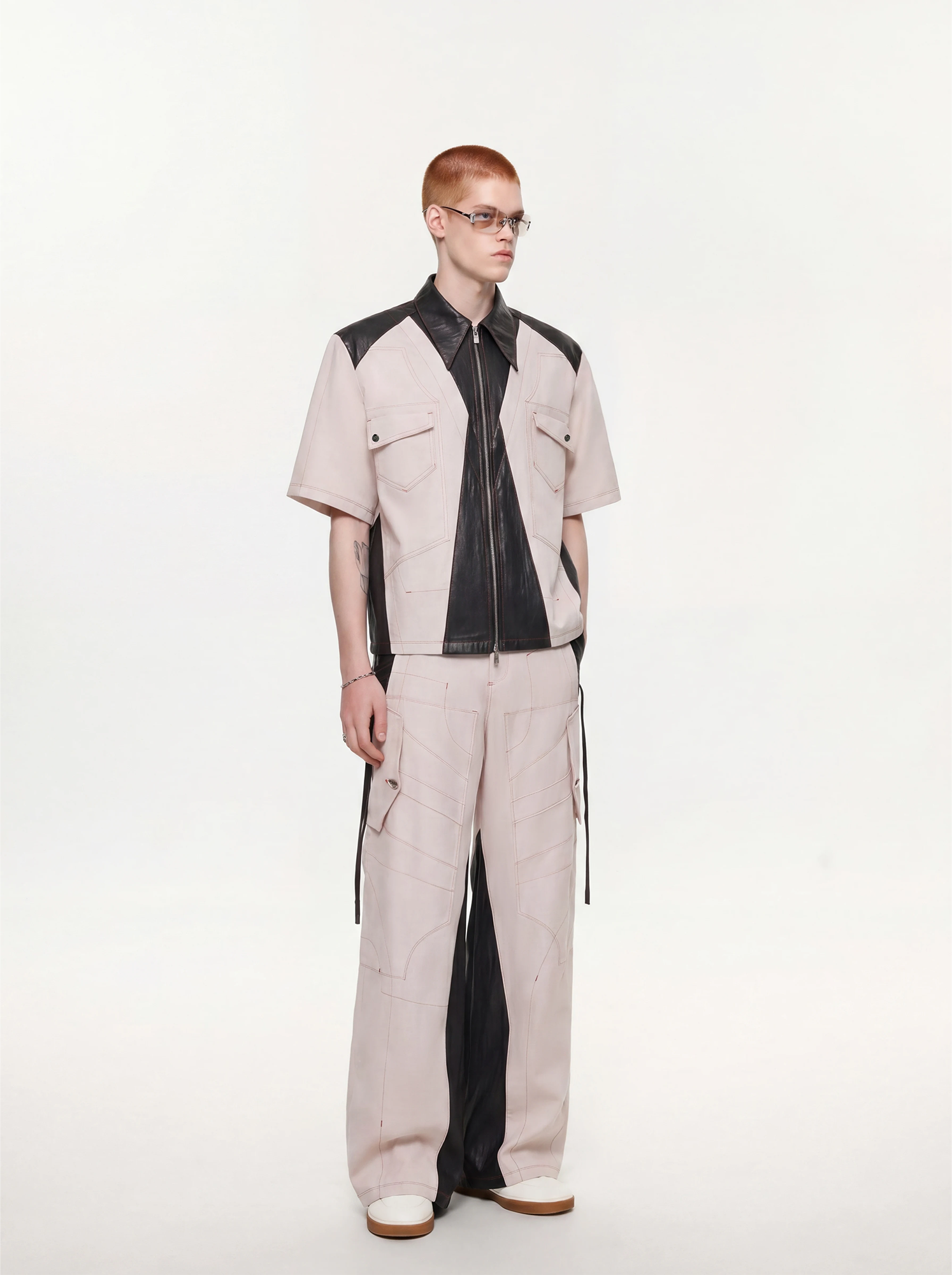 TIWILLTANG Contrast Stitch Paneled Wide-Leg Pants-Pants-S / 28-31”-Blue-Free Shipping Leatheretro
