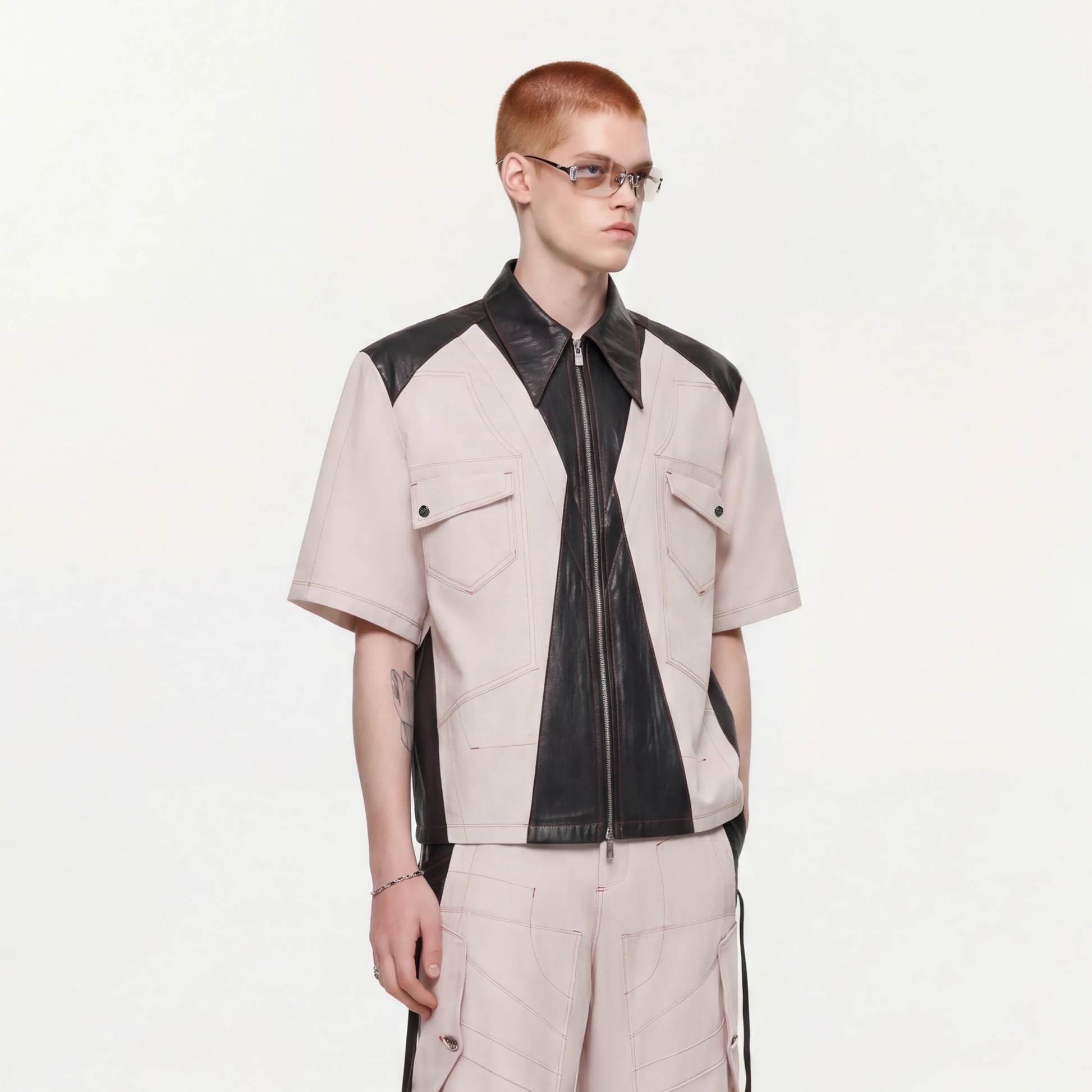 TIWILLTANG Contrast Stitch Paneled Zip-Up Half Shirt-Half shirt-S-Blue-Free Shipping Leatheretro