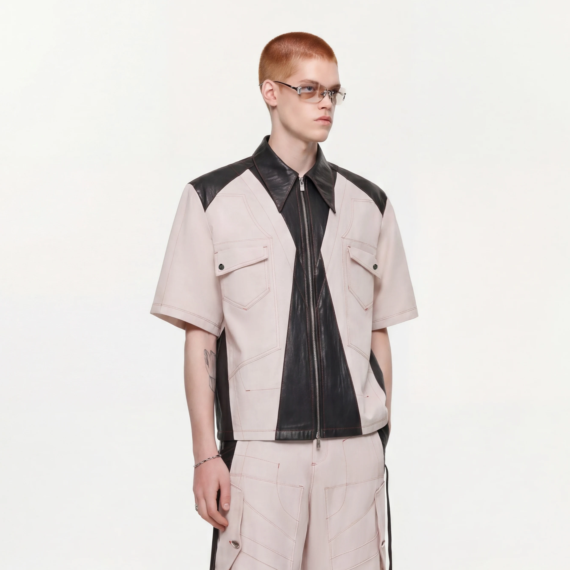 TIWILLTANG Contrast Stitch Paneled Zip-Up Half Shirt-Half shirt-S-Blue-Free Shipping Leatheretro