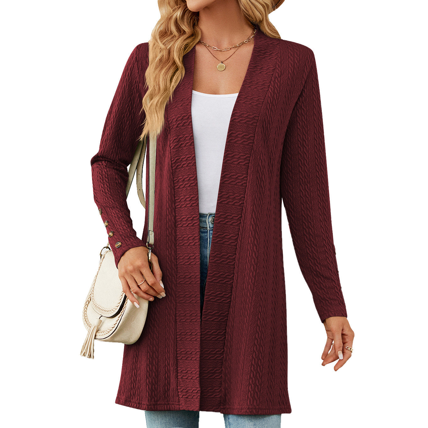 Casual Women Long Sleeves Knitted Cardigans-Sweater&Hoodies-Wine Red-S-Free Shipping Leatheretro