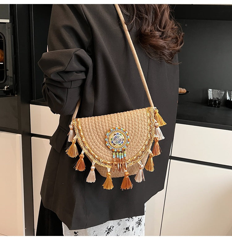 Bohemian Straw Woven Handbag-khaki-Free Shipping Leatheretro