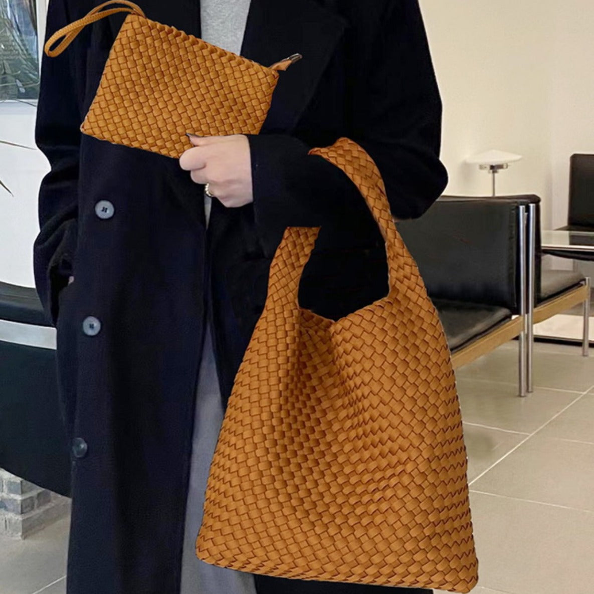 Handwoven Nylon Tote Bag for Women-Black + woven change purse-Free Shipping Leatheretro