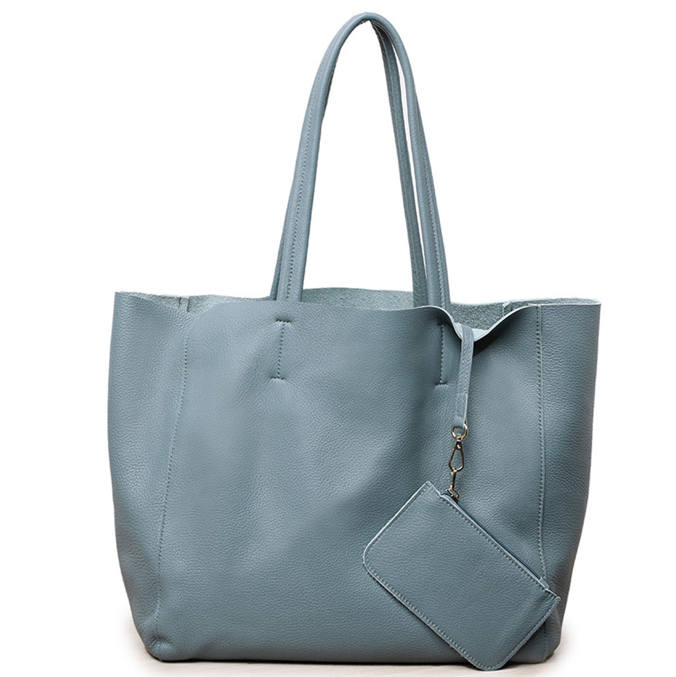 Large Capacity Tote Bag – Genuine Leather Commuter, Mom Shopping Bag-Handbags-Blue horizontal model (100% natural drop pattern cowhide on the first layer)-Free Shipping Leatheretro