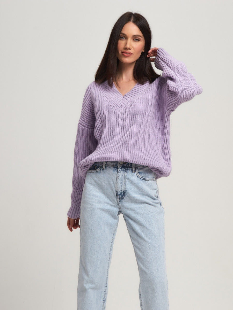 Casual V Neck Loose Knitted Sweaters-Sweaters-Purple-S-Free Shipping Leatheretro