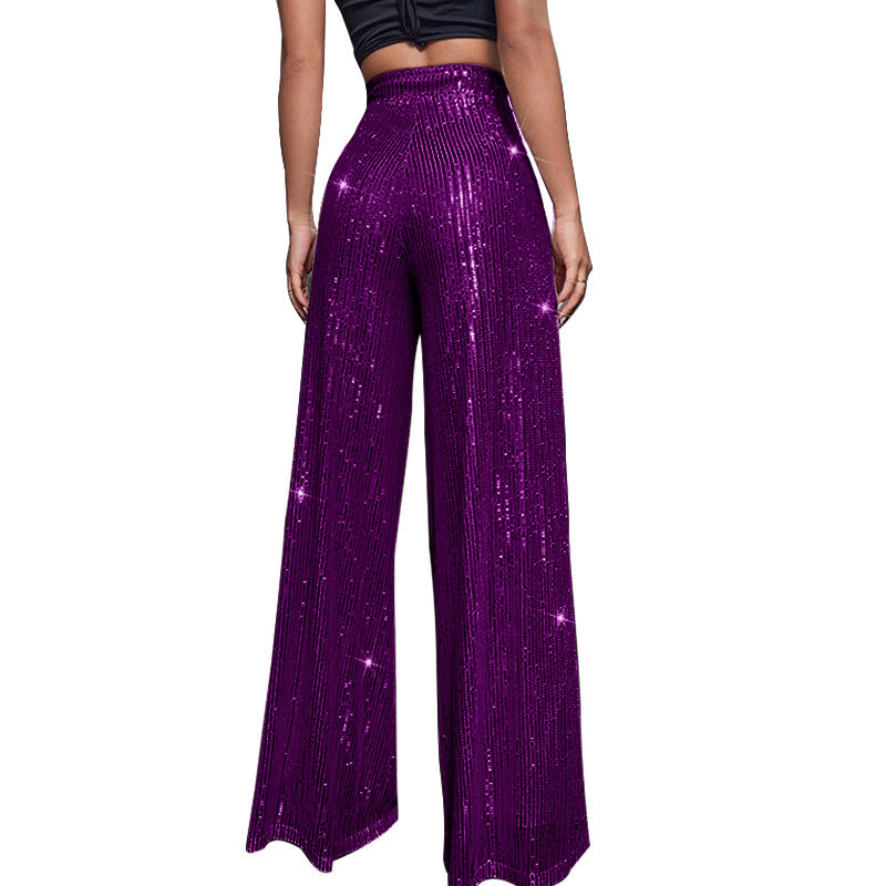 Fashion High Waist Sequin Summer Wide Legs Pants-Pants-Apricot-S-Free Shipping Leatheretro