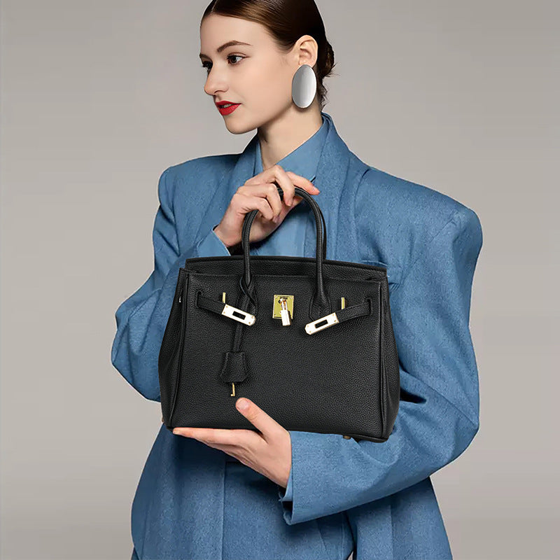 Luxury Genuine Top Grain Pebbled Leather Women's Handbag with Lock Closure-Handbags-elephant gray-35CM-Free Shipping Leatheretro