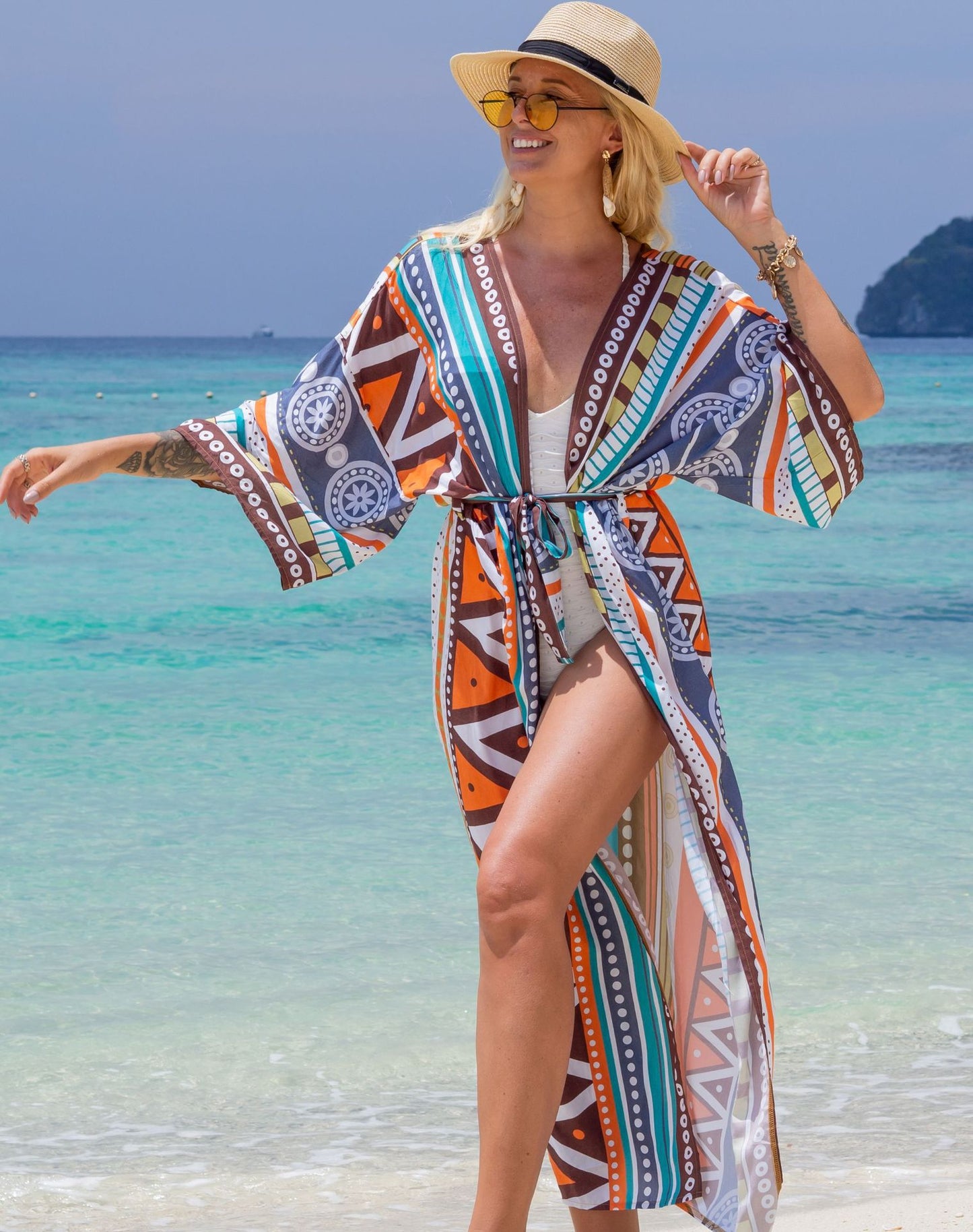 Fashion Floral Print Summer Kimono Beachwear Cover Ups-Geometry-One Size-Free Shipping Leatheretro