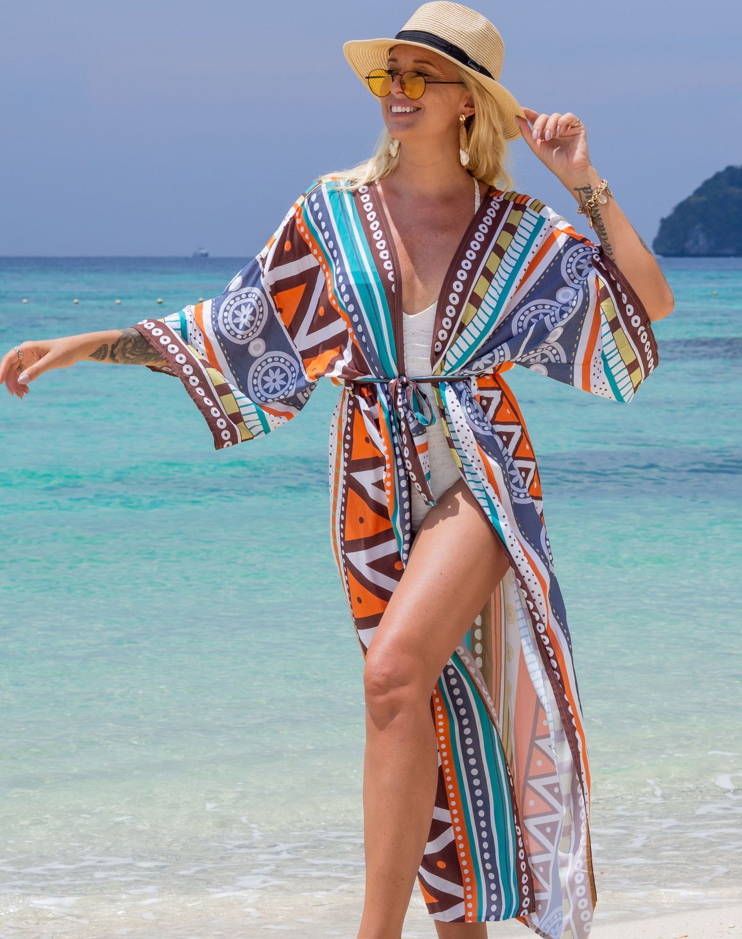 Fashion Floral Print Summer Kimono Beachwear Cover Ups-Geometry-One Size-Free Shipping Leatheretro