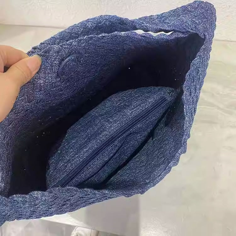 Stylish Canvas & Denim Woven Bucket Bag for Women-Light Blue 23cm-Free Shipping Leatheretro