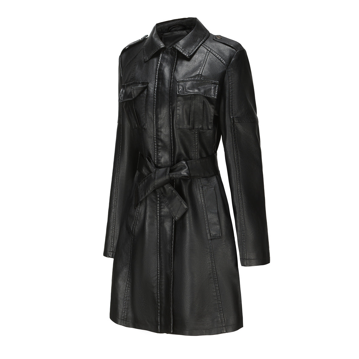 Women's Mid-Long Leather Trench Coat-black-S-Free Shipping Leatheretro