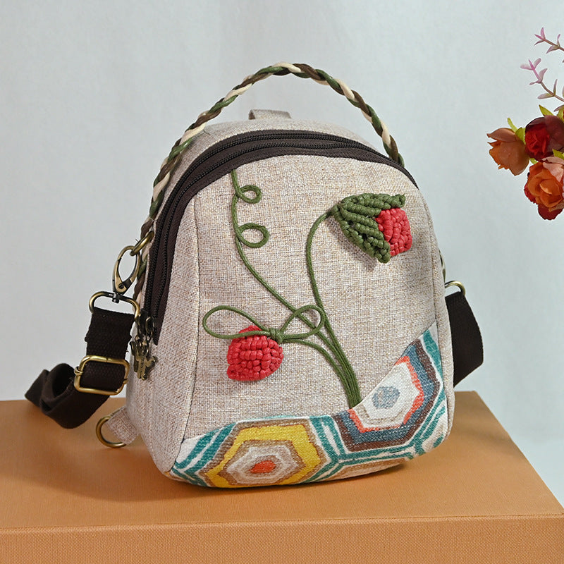 Handmade Woven Strawberry Linen Backpacks-Backpack-Ivory-Free Shipping Leatheretro