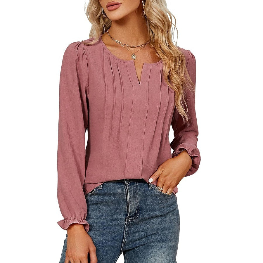 Casual Chiffon Summer V Neck Long Sleeves Blouses-Shirts & Tops-Pink-S-Free Shipping Leatheretro