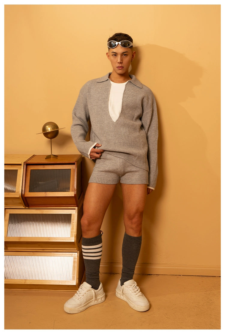 CLP Unisex Ash Black Navy Collar Knit Sweater-Gray-S-Free Shipping Leatheretro