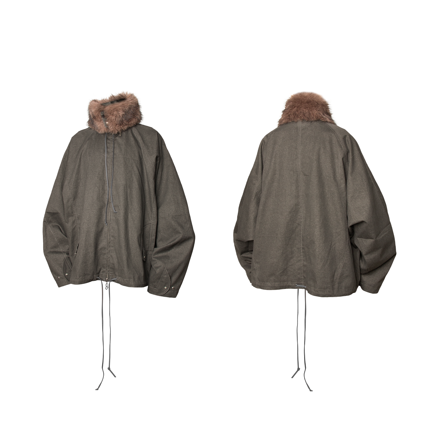 RELABEL Detachable Faux Fur Collar Two-Tone Batwing Sleeve Jacket-Brown-XS-Free Shipping Leatheretro