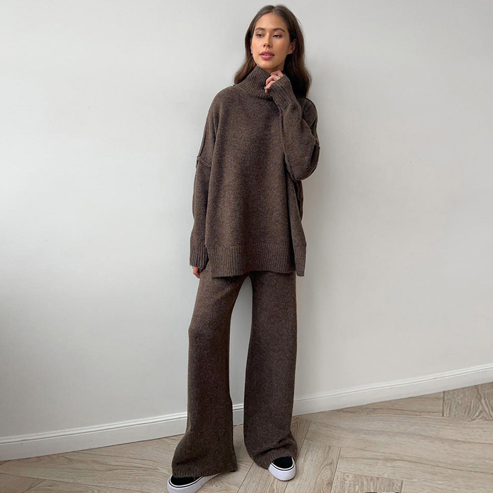 Casual High Neck Pullover Sweaters & Knitted Pants-Suits-Camel-S-Free Shipping Leatheretro