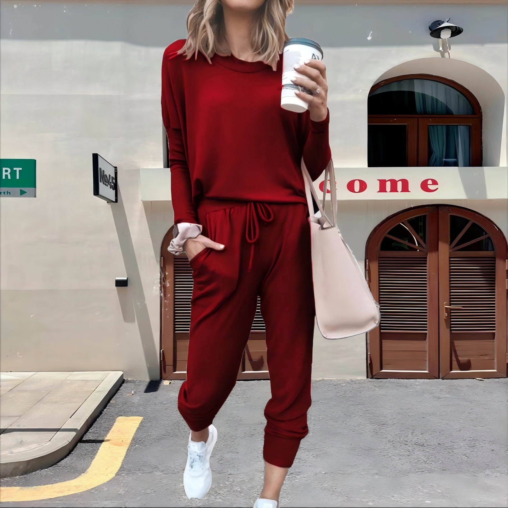 Casual Fall Long Sleeves Blouses and Pants-Suits-Red-S-Free Shipping Leatheretro