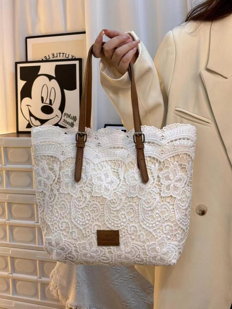 Women's Summer Beach Tote Bag – Large Capacity French Boho Lace Shoulder Bag-米白色-Free Shipping Leatheretro