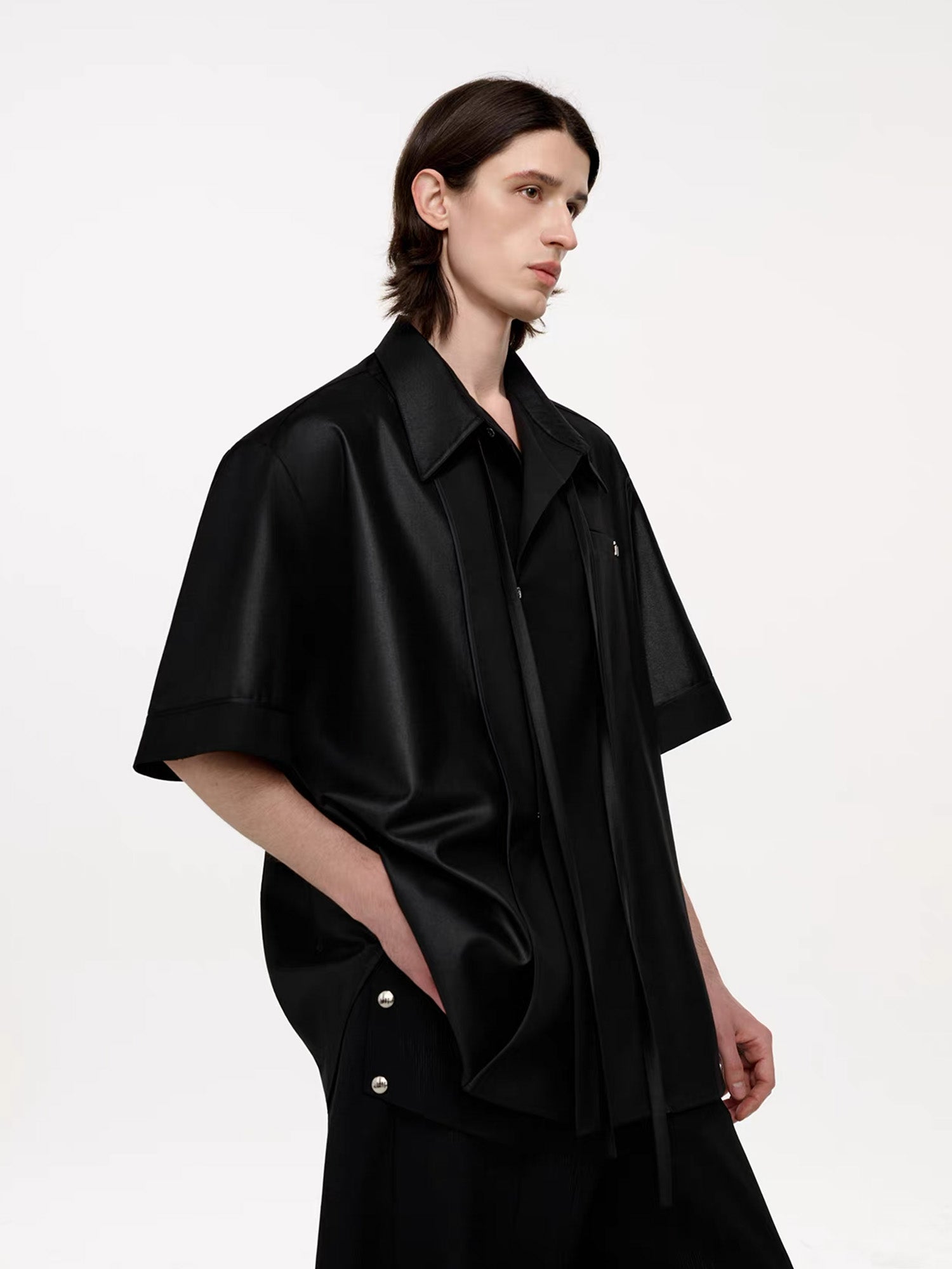 TIWILLTANG Draped Camp-Collar T Shirt-Jacket-S-Black-Free Shipping Leatheretro