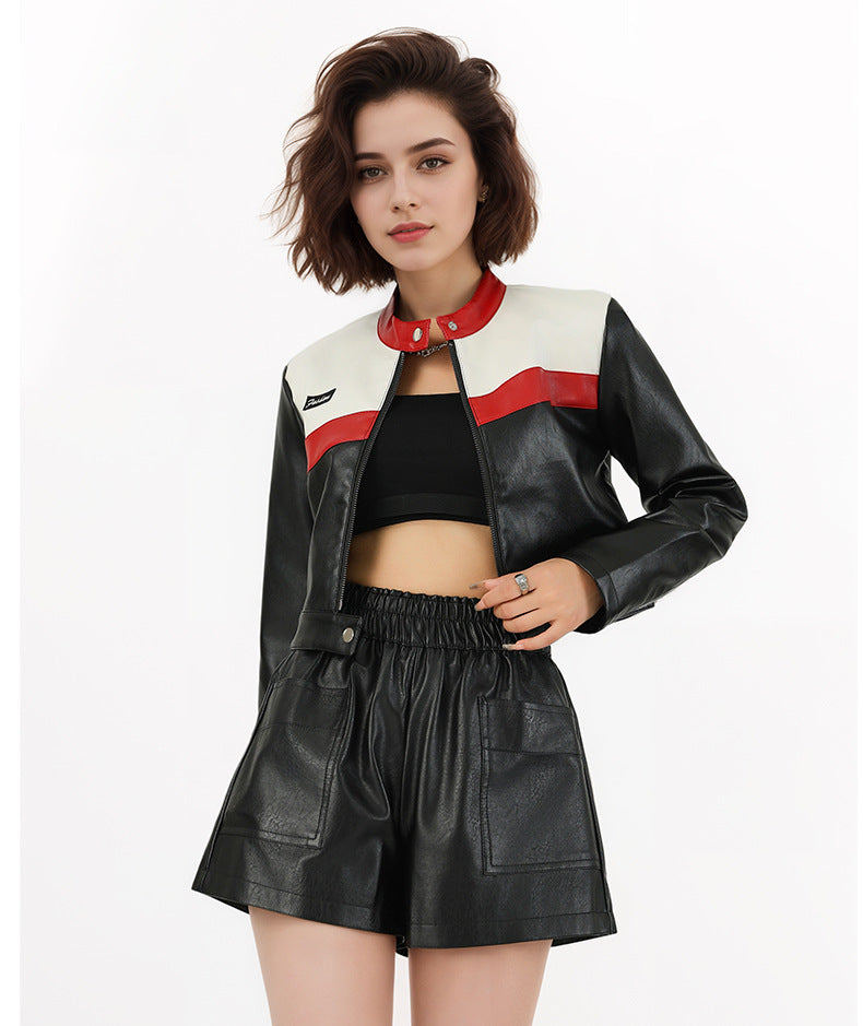 Women's Cropped Biker Jacket – Color-Block Leather Pilot Jacket-As Photo-S-Free Shipping Leatheretro