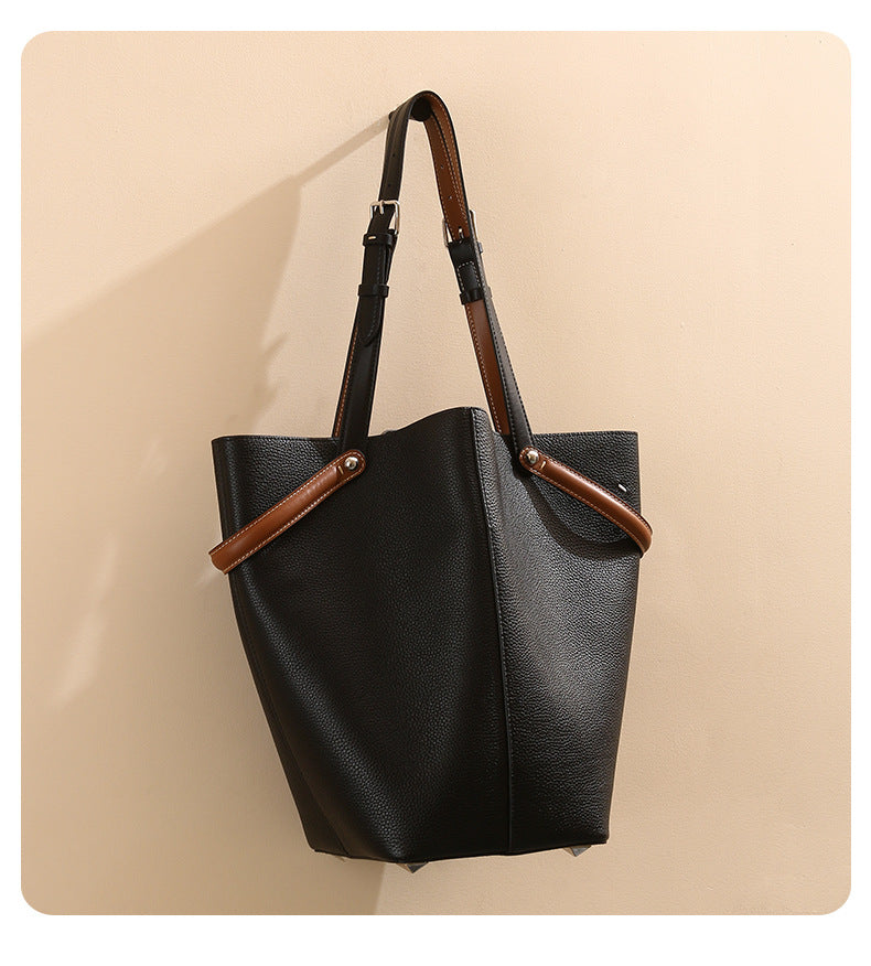Top-Grain Leather Bucket Bag – Spacious Work Tote & Shoulder Bag for Women-Handbags-Black-17*17*31cm-Free Shipping Leatheretro