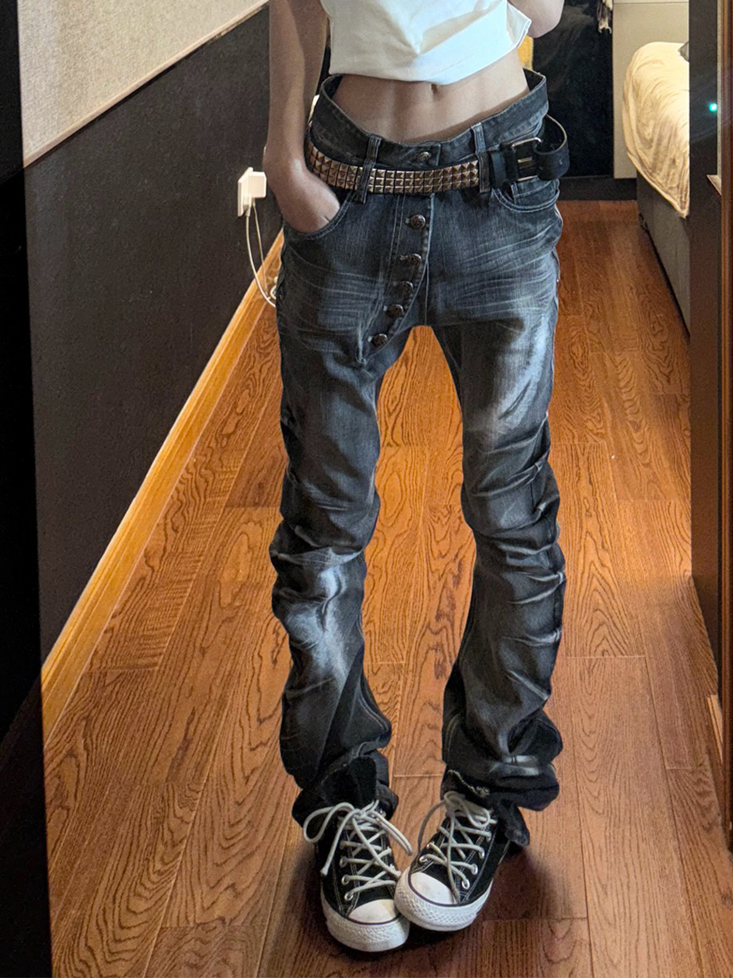 PAIKI Sword Slash Washed Curved Jeans-Jeans-S / 31"-Black (Preorder)-Free Shipping Leatheretro