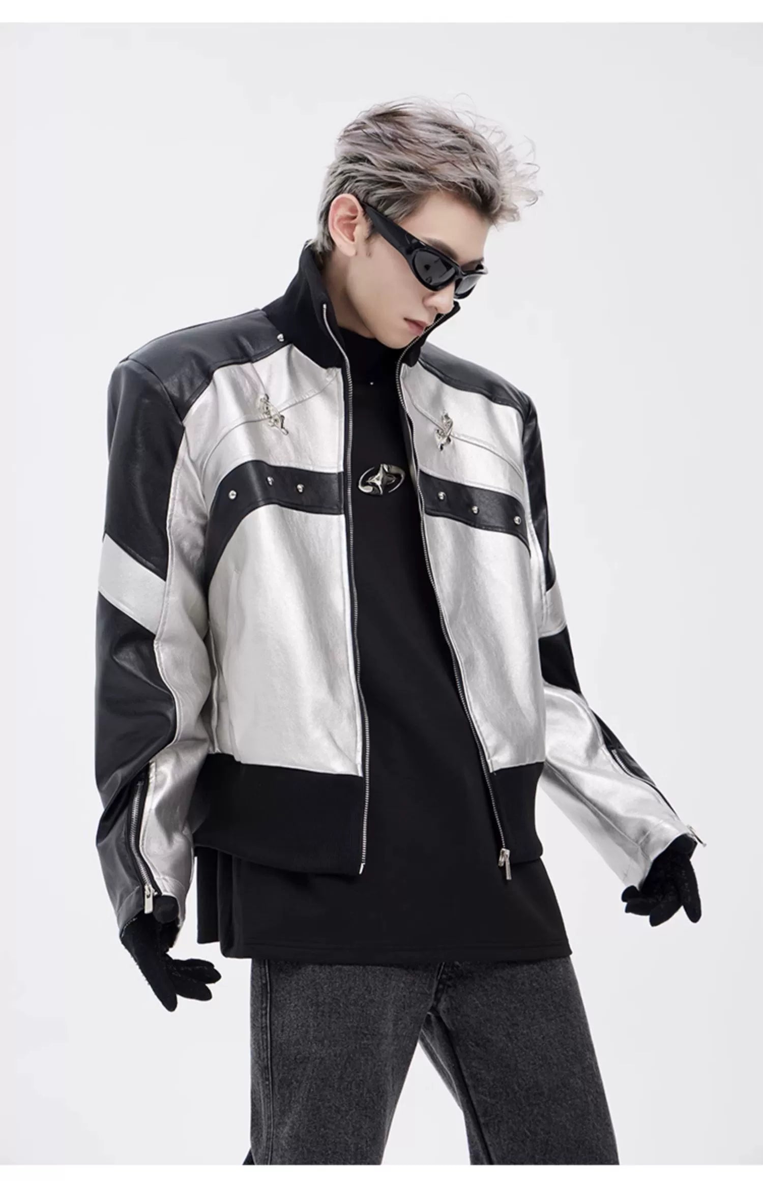 STARTEXCEEDEND Men's Short Biker Leather Jacke-Black White-M 45-60kg-Free Shipping Leatheretro