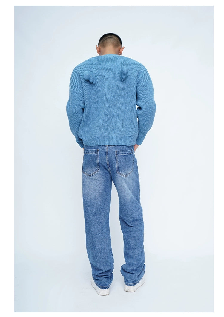 CLP Unisex Wing Design Oversized Knit Cardigan-Blue-Short Style-3 Buttons-Free Shipping Leatheretro