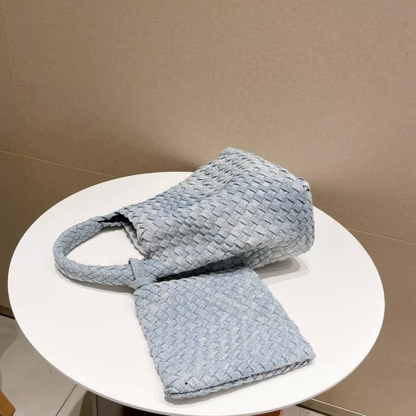 Stylish Canvas & Denim Woven Bucket Bag for Women-Light Blue 23cm-Free Shipping Leatheretro