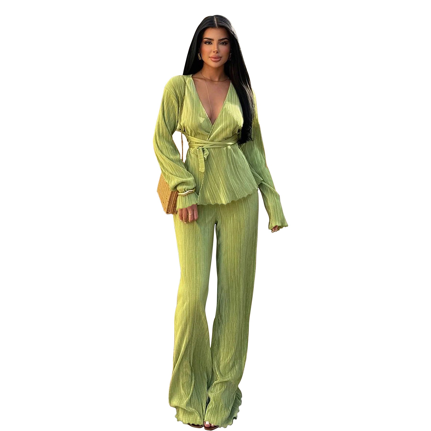 Casual V Neck Long Sleeves Tops and Pants Two Pieces Suits-suits-Green-S-Free Shipping Leatheretro