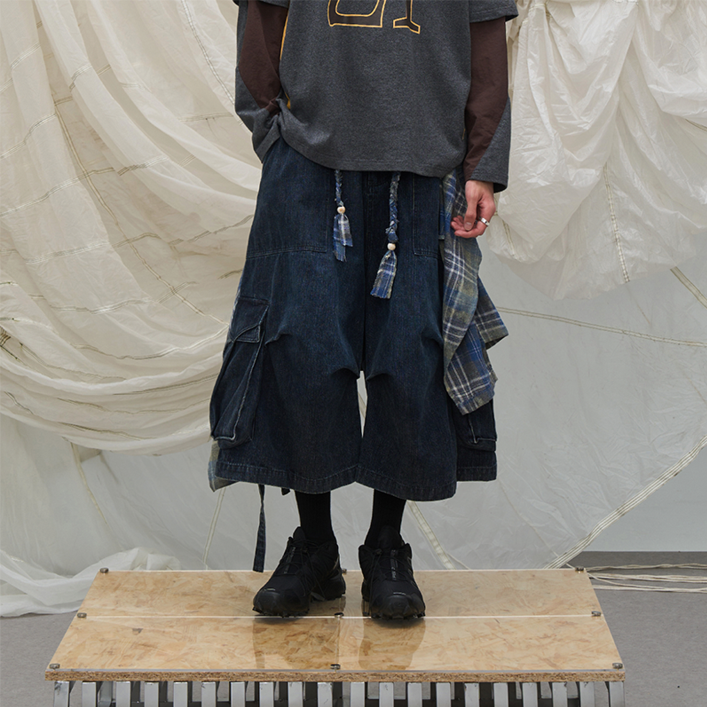 RELABEL Detachable Frill Tie-Detail Washed Denim Shorts - Distressed Blue Jeans-Blue-XS-Free Shipping Leatheretro