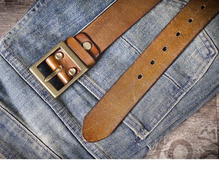 Vintage Men's Genuine Leather Belt Handmade Needle Buckle with Pure Copper Buckle Belt-Leather Belt-Dark Coffee-105cm-Free Shipping Leatheretro