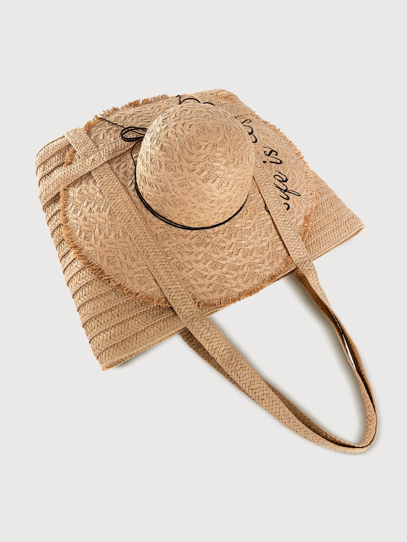 Handwoven Straw Tote Bag with Matching Hat-Apricot-Free Shipping Leatheretro