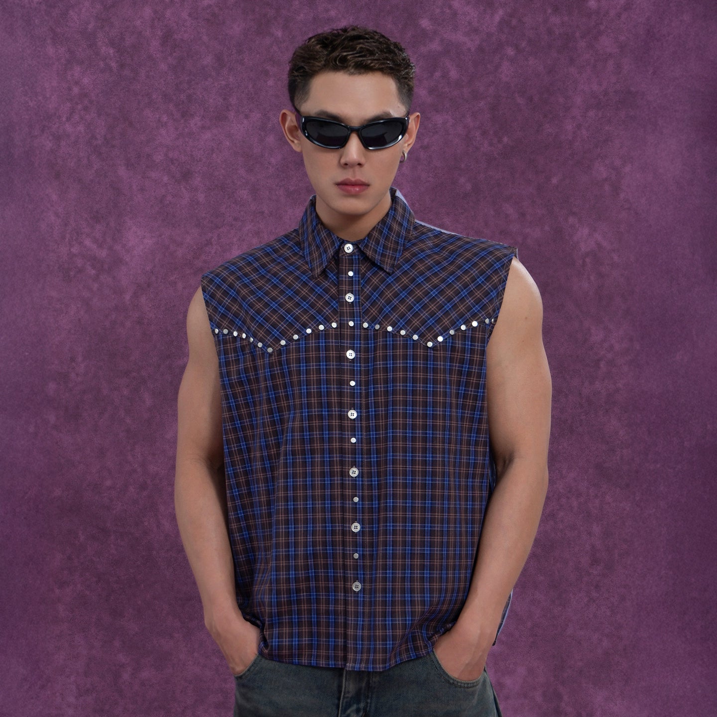 CLP Men's Blue Checkered & Striped Sleeveless Shirt Vest with Rivet Details-Blue-S-Free Shipping Leatheretro