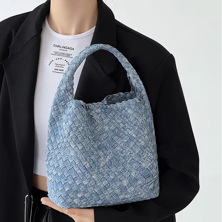 Stylish Canvas & Denim Woven Bucket Bag for Women-Light Blue 23cm-Free Shipping Leatheretro