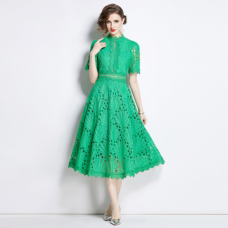 Elegant Round Neck Summer Midi Length Lace Dresses-Dresses-Green-1-2XL-Free Shipping Leatheretro