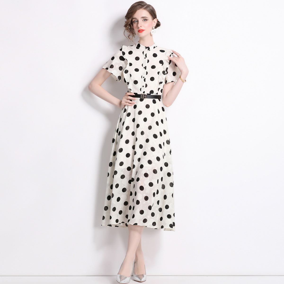 Elegant Polk Dot Short Sleeves Midi Length Dresses-Dresses-White-2XL-Free Shipping Leatheretro