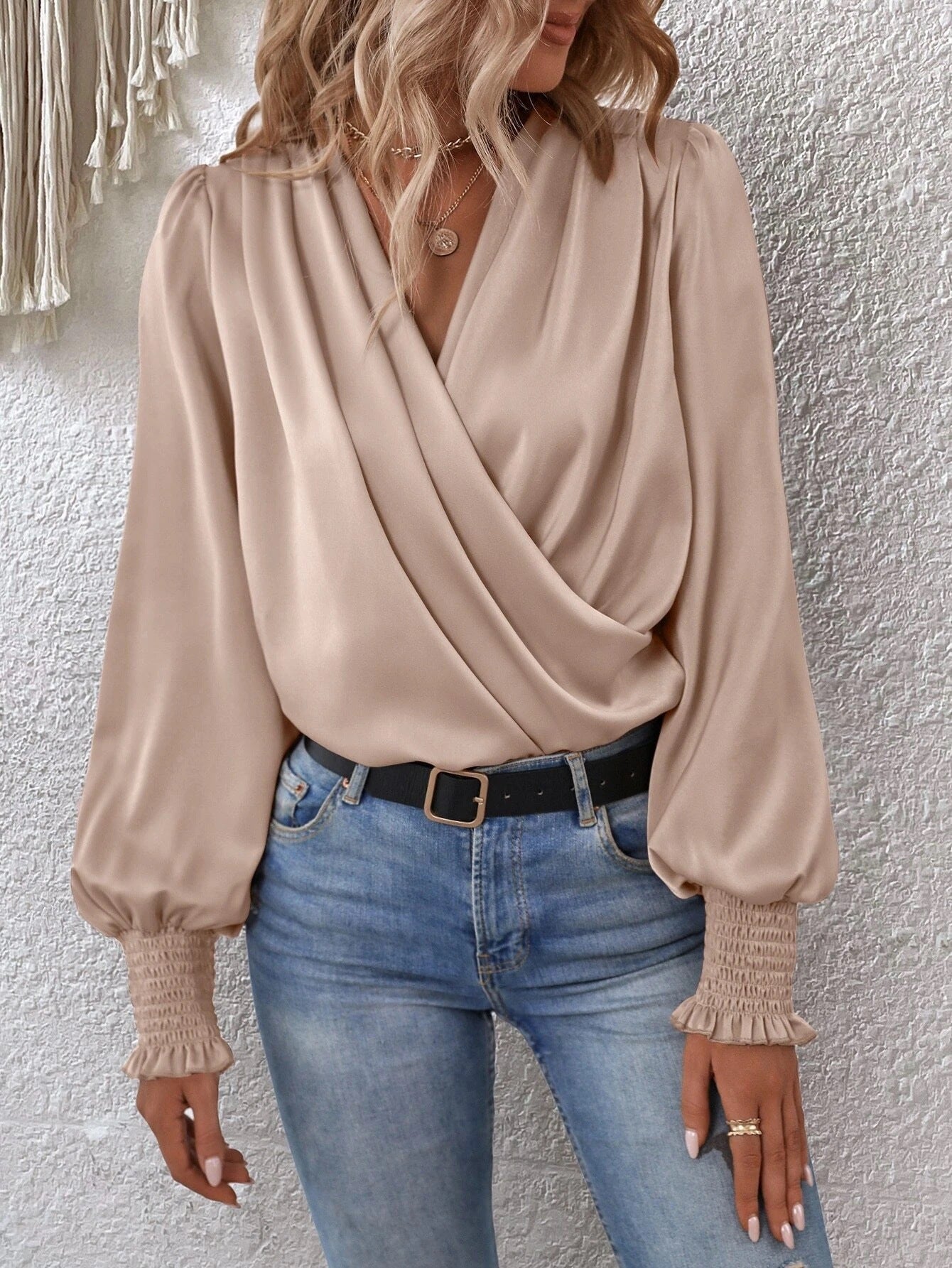 Elegant V Neck Long Sleeves Blouses Shirts-Shirts & Tops-Apricot-S-Free Shipping Leatheretro