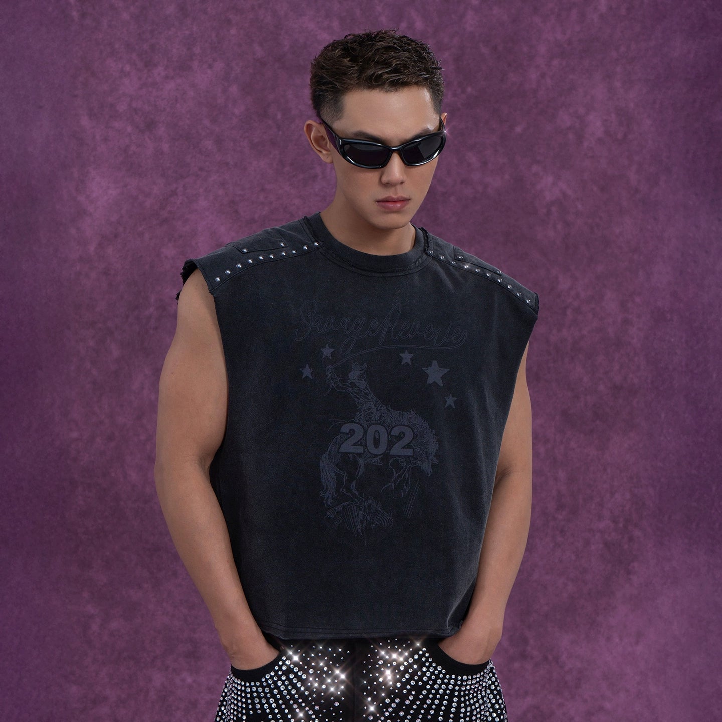 CLP Men's Grey Distressed Sleeveless Vest with Studs and Print - Streetwear Style-Gray-S-Free Shipping Leatheretro