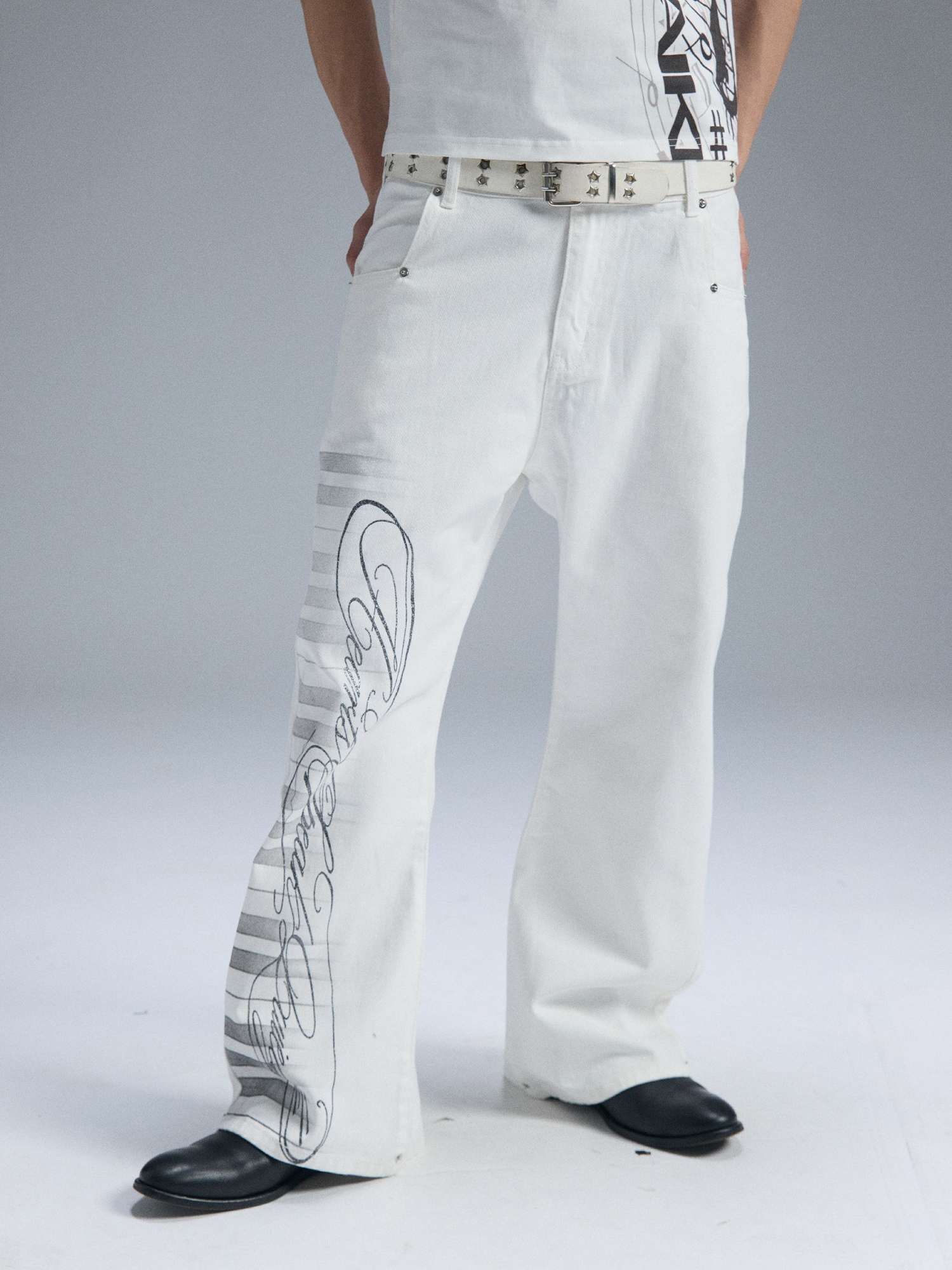 PAIKI Piano Key Script Foil Flared Jeans-Jeans-S / 31"-Black (Preorder)-Free Shipping Leatheretro