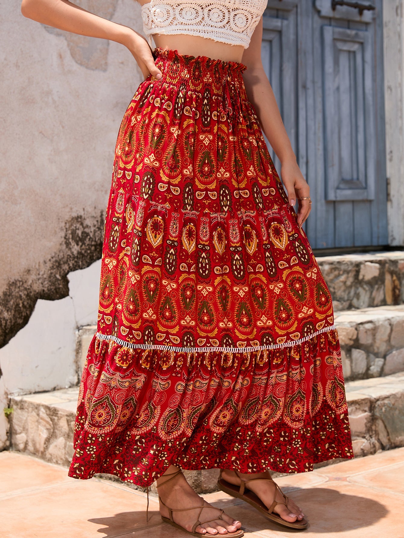 Bohemian Exotic Women Midi Skirts-Skirts-Peacock Blue-S-Free Shipping Leatheretro