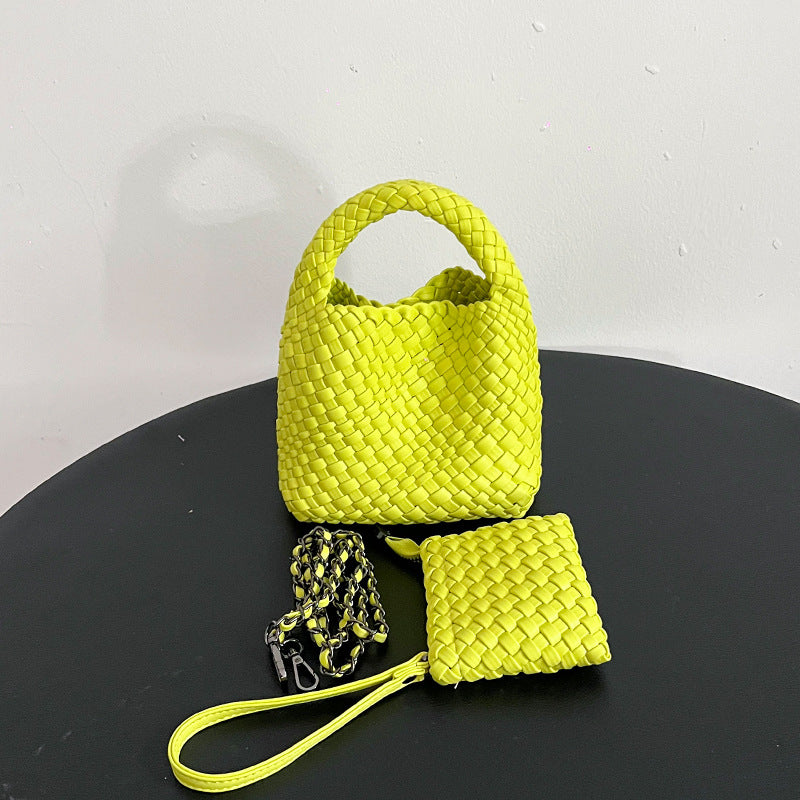 Handwoven Mini Faux Leather Handbag-黑色+编织零钱包+长链条-17cm *13cm-Free Shipping Leatheretro